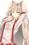  1girl arms_behind_head arms_up bow fujiwara_no_mokou hair_bow hair_ornament hair_ribbon long_hair looking_to_the_side one_eye_closed pants red_eyes reibun_(raven1119) ribbon shirt short_sleeves simple_background smile solo touhou upper_body white_background 