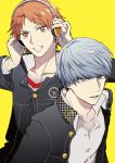  2boys brown_eyes brown_hair grey_eyes grey_hair hanamura_yousuke headphones houndstooth male_focus multiple_boys narukami_yuu omaruko persona persona_4 school_uniform 