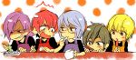  5boys apron arsmagna bak_witt bandaid bandaid_on_face blonde_hair blue_hair candy chibi eating glasses green_hair izumi_sou kano_akira_(arsmagna) kurou_kentou male_focus multiple_boys ooyama_(hnk1018) polka_dot polka_dot_background ponytail purple_hair redhead sakakibara_tatsuki shaded_face table 