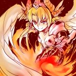  &gt;:) 1girl armor asymmetrical_hair bangs blonde_hair blue_eyes breasts claws dragon_horns feathered_wings fire hair_between_eyes hair_tubes highres holding holding_sword holding_weapon horns ishiyumi long_hair minerva_(p&amp;d) puzzle_&amp;_dragons small_breasts smile solo sword tiara weapon white_wings wings 
