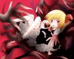  1girl :d blonde_hair blood blood_on_face blood_on_fingers bloody_clothes bloomers fang frilled_skirt frills hair_ribbon hands komiru open_mouth red_eyes ribbon rumia shirt short_hair skirt smile touhou underwear vest 