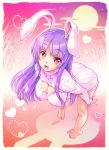 1girl animal_ears bamboo barefoot breasts cleavage full_moon heart heart-shaped_pupils highres kiyama_satoshi large_breasts long_hair looking_at_viewer moon open-chest_sweater panties panty_pull pink_panties purple_hair rabbit_ears red_eyes reisen_udongein_inaba ribbed_sweater solo sweater symbol-shaped_pupils touhou underwear 