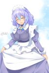  1girl ^_^ absurdres alternate_costume apron blue_hair blush breasts closed_eyes enmaided gradient_hair highres kokka_han large_breasts letty_whiterock maid maid_headdress multicolored_hair open_mouth purple_hair short_hair smile solo touhou two-tone_hair 