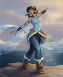  1girl armband blue_eyes boots brittany_fuerst brown_hair clouds full_body hair_tie highres korra legend_of_korra multiple_tails ocean signature sky solo tail water watermark web_address wristband 