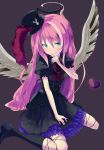  1girl black_background black_dress black_legwear blush dress duel_monster finger_to_chin ghostrick_angel_of_mischief green_eyes hand_on_own_chin hat heart highres long_hair looking_at_viewer multicolored_hair multicolored_wings nail_polish pink_hair rr_(rr2) sitting smile solo very_long_hair wariza white_hair wings yuu-gi-ou 