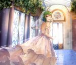  1girl bridal_veil bride dress flower gloves green_eyes green_hair gumi hallway highres looking_at_viewer looking_back parted_lips qingshui_ai reflection rose sleeveless sleeveless_dress veil vocaloid white_dress white_gloves 