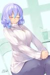  1girl absurdres alternate_costume bendy_straw blue_hair blush breasts closed_eyes cup drinking_straw gradient_hair highres kokka_han large_breasts letty_whiterock multicolored_hair pants purple_hair ribbed_sweater short_hair sitting smile solo sweater touhou turtleneck two-tone_hair 