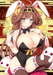  1girl animal_ears breasts brown_hair bunnysuit cleavage commentary_request detached_collar fishnet_legwear fishnets grey_eyes kantai_collection kongou_(kantai_collection) large_breasts rabbit rabbit_ears ribbon-trimmed_legwear ribbon_trim tagme tamiya_akito thigh-highs wrist_cuffs 