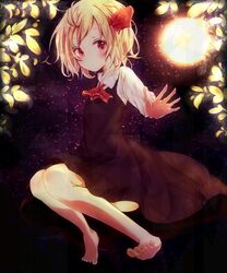  1girl blonde_hair dress expressionless hair_ribbon highres misa_(kaeruhitode) red_eyes ribbon rumia shirt short_hair touhou 