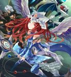  1girl 3boys armor dragon_wings duel_monster headgear highres ice looking_at_viewer multiple_boys nekroz_of_decisive_armor nekroz_of_gungnir nekroz_of_trishula nekroz_of_valkyrus rr_(rr2) staff sword weapon wings yuu-gi-ou 