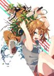  1girl angry berries blush branch brown_hair commentary green_eyes hair_brush hair_brushing highres hitogome leaf messy_hair open_mouth original shorts solo t-shirt tiger water 