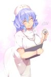  1girl ^_^ absurdres alternate_costume blue_hair blush breasts clipboard closed_eyes gradient_hair highres kokka_han large_breasts letty_whiterock multicolored_hair nurse open_mouth purple_hair short_hair smile solo stethoscope touhou two-tone_hair 