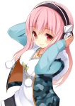  1girl blush breasts cleavage headphones large_breasts long_hair looking_at_viewer nitroplus pink_hair pom_pom_(clothes) red_eyes shuuichi_(gothics) smile solo super_sonico 