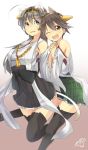  2girls ;d amai_nekuta animal_ears blue_eyes brown_eyes brown_hair cosplay hiei_(kantai_collection) hiei_(kantai_collection)_(cosplay) holding_hands kantai_collection kongou_(kantai_collection) kongou_(kantai_collection)_(cosplay) looking_at_viewer lynette_bishop miyafuji_yoshika multiple_girls one_eye_closed open_mouth short_hair signature smile strike_witches thigh-highs 