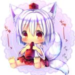  1girl animal_ears barefoot blush bottle chibi chocolat_(momoiro_piano) commentary_request detached_sleeves hat inubashiri_momiji ketchup long_sleeves red_eyes ribbon-trimmed_sleeves ribbon_trim shirt short_hair silver_hair skirt solo tail tail_wagging tokin_hat touhou wide_sleeves wolf_ears wolf_tail 