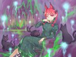  1girl animal animal_ears blush bow braid cat cat_ears dress extra_ears green_dress hair_bow hair_ornament highres hitodama kaenbyou_rin kugata1 leg_ribbon long_sleeves looking_at_viewer multiple_tails one_eye_closed pointy_ears puffy_sleeves red_eyes redhead ribbon short_hair sitting slit_pupils smile solo tail touhou twin_braids 