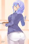  1girl ^_^ absurdres alternate_costume ass blue_hair blush breasts closed_eyes croissant female gradient_hair highres kokka_han large_breasts letty_whiterock multicolored_hair purple_hair short_hair smile solo tongs touhou tray two-tone_hair 