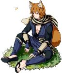  1boy animal_ears arm_guards butterfly copyright_name fire_emblem fire_emblem_if fox_ears fox_tail full_body grass himasen japanese_clothes male_focus nishiki_(fire_emblem_if) orange_eyes orange_hair sandals scarf simple_background sitting solo striped striped_scarf tail 