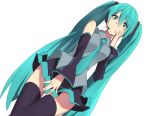  1girl aqua_eyes aqua_hair detached_sleeves hatsune_miku headset itoshige long_hair necktie simple_background skirt solo thigh-highs thigh_gap twintails very_long_hair vocaloid white_background 