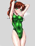  1girl adjusting_hair arena_(company) arms_up bishoujo_senshi_sailor_moon blush breasts brown_hair collarbone competition_swimsuit covered_navel earrings green_eyes grey_background groin hair_bobbles hair_ornament highleg highleg_swimsuit jewelry kino_makoto large_breasts long_hair one-piece_swimsuit ponytail sen_(sansui) shiny shiny_clothes shiny_hair signature simple_background solo sparkle swimsuit tying_hair wet 