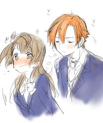  1boy 1girl blazer blush brown_hair closed_eyes genderswap kousaka_honoka love_live!_school_idol_project minami_kotori mofun orange_hair school_uniform smelling 