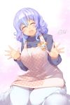  1girl :d ^_^ absurdres alternate_costume apron blue_hair blush breasts closed_eyes gradient_hair highres kindergarten_teacher kokka_han large_breasts letty_whiterock multicolored_hair name_tag open_mouth plump purple_hair short_hair sitting smile solo touhou two-tone_hair wariza 