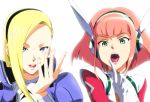  2girls barara_peol blonde_hair blue_eyes finger_to_mouth fugakuhyakkei green_eyes gundam gundam_g_no_reconguista hairband headgear lipstick long_hair looking_at_viewer makeup mick_jack multiple_girls open_mouth pink_hair short_hair sidelocks smile 