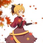  1girl adapted_costume autumn_leaves blonde_hair blurry bow brown_dress brown_eyes capelet cato_(monocatienus) depth_of_field dress hair_bow kurodani_yamame long_sleeves open_mouth ponytail shirt smile solo touhou 