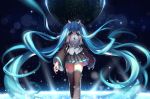  1girl absurdly_long_hair aqua_eyes aqua_hair black_legwear detached_sleeves from_behind hatsune_miku long_hair planet pleated_skirt skirt solo star_(sky) thigh-highs tidsean twintails very_long_hair vocaloid wide_sleeves zettai_ryouiki 