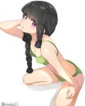  1girl bangs bikini black_hair blunt_bangs breasts cleavage green_bikini isshiki_(ffmania7) kantai_collection kitakami_(kantai_collection) looking_at_viewer navel parted_lips seiza sidelocks simple_background sitting solo swimsuit twitter_username violet_eyes white_background 