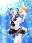  1girl blue_eyes blue_hair bottle_miku fish happy highres school_uniform solo twintails underwater vocaloid vuongdieu 