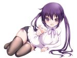  1girl :d bangs black_legwear black_shorts blush bow breasts full_body gochuumon_wa_usagi_desu_ka? large_breasts long_hair long_sleeves looking_at_viewer lying no_shoes on_side open_mouth pointing pointing_at_viewer purple_hair purple_ribbon ribbon shorts simple_background smile solo sora_to_umi tedeza_rize twintails violet_eyes white_background white_blouse 