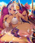  1girl :q antenna_hair bangs bikini blonde_hair blush bracelet breasts cleavage cup dark_skin drinking_glass flower front-tie_top hair_flower hair_ornament high_heels horns jewelry kamyuria large_breasts long_hair looking_at_viewer lying mel/a outdoors parted_bangs pointy_ears shingeki_no_bahamut side-tie_bikini sitting slit_pupils smile solo string_bikini sweat swimsuit thigh_strap tongue tongue_out untying violet_eyes white_bikini white_swimsuit wine_glass yokozuwari 