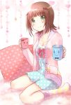  1girl amami_haruka ayuko_(ayuco) brown_hair cup green_eyes hair_ornament hairclip idolmaster mug short_hair smile solo 