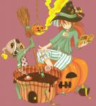  1boy 1girl book broom candy halloween hat ika_sen jack-o&#039;-lantern lollipop mito_(ika_sen) monster_boy monster_girl original redhead simple_background sitting smile witch_hat yellow_eyes 