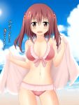  1girl beach bikini blush breasts cleavage ebina_nana frilled_bikini frills hair_between_eyes hair_ornament highres himouto!_umaru-chan navel nonaka_chikin ocean open_mouth pink_bikini red_eyes redhead side-tie_bikini solo swimsuit towel translated twintails wet 