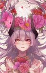  1girl bare_shoulders face facepaint flower hair_between_eyes hair_flower hair_ornament heterochromia hibiscus horns kanekiru looking_at_viewer nail_polish original parted_lips petals pink_hair red_eyes red_fingernails rose rose_petals slit_pupils solo thorns yellow_eyes 