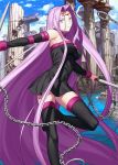  1girl absurdly_long_hair black_dress breasts chain clouds cloudy_sky detached_sleeves dress fate/grand_order fate_(series) holding_weapon long_hair looking_at_viewer official_art pink_eyes pink_hair rider ruins sky solo strapless_dress takeuchi_takashi thigh-highs upscaled very_long_hair waifu2x water zettai_ryouiki 