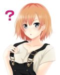  1girl ? blue_eyes brown_hair looking_at_viewer miyamori_aoi nonaka_chikin overalls shirobako shirt simple_background strap_pull t-shirt white_background white_shirt 