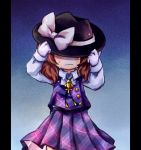  1girl bow brown_hair crying hat hat_bow hat_over_eyes long_sleeves lowres pote_(ptkan) shirt skirt skirt_set solo touhou usami_sumireko vest wavy_mouth 