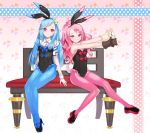 2girls anais_del_caril animal_ears bangs bench benya_(tales_weaver) between_breasts blue_bow blue_hair bow bunny_girl bunny_tail bunnysuit detached_collar diamond_(shape) diamond_(symbol) floral_background flower frills hair_flower hair_ornament hand_puppet heart high_heels leecheie long_hair looking_at_viewer multiple_girls pantyhose pink_hair pink_legwear polka_dot ponytail puppet rabbit_ears red_bow red_eyes see-through sitting sleeveless small_breasts smile stuffed_animal stuffed_toy swept_bangs tail tales_weaver teddy_bear very_long_hair wavy_hair white_flower wrist_cuffs 