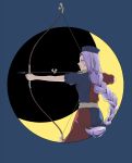  1girl aiming alternate_eye_color arrow blue_background bow_(weapon) braid crescent_moon dress expressionless from_side grey_hair hat long_hair moon multicolored_dress nurse_cap pink_eyes scrunchie simple_background single_braid solo touhou ueno_(sakumogu-029) very_long_hair weapon yagokoro_eirin 