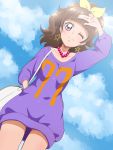  1girl ;) alternate_hairstyle amanogawa_kirara clouds earrings go!_princess_precure hand_in_pocket jewelry looking_at_viewer necklace one_eye_closed ponytail precure purple_shirt shirt sky smile solo star star_earrings tj-type1 violet_eyes 