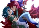  2girls armor black_gloves blood blood_on_face blue_eyes blue_hair bow bwell cape crying gloves hair_bow hand_on_another&#039;s_face knight mermaid monster_girl multiple_girls open_mouth red_eyes redhead sekibanki smile tiara touhou wakasagihime yuri 