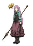  1girl adapted_costume black_gloves bobomaster bodice boots cross-laced_footwear expressionless fan gloves hata_no_kokoro lace-up_boots long_hair long_sleeves looking_at_viewer new_mask_of_hope pink_eyes pink_hair polearm shirt skirt solo spear touhou very_long_hair weapon 