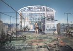  1girl bare_arms bare_legs blue_sky english greenhouse hjl number original outdoors plant potted_plant short_shorts shorts sky solo standing tank_top 