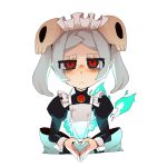  1girl absurdres bloody_marie_(skullgirls) frown heart heart_hands higa_norio highres looking_at_viewer red_eyes short_hair silver_hair simple_background skull skullgirls solo white_background 