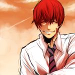  1boy arsmagna bandaid bandaid_on_face closed_eyes kano_akira_(arsmagna) lowres male_focus necktie ooyama_(hnk1018) redhead smile solo sunset upper_body 