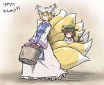  2girls :3 animal_ears basket blonde_hair brown_hair cat_ears chamaji chen commentary dress frills hat hat_with_ears laundry laundry_basket long_sleeves mob_cap multiple_girls multiple_tails orange_eyes pillow_hat short_hair squinting sweatdrop tabard tail tassel touhou two_tails wide_sleeves yakumo_ran 