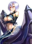  1girl arachne breasts carapace claws crossed_arms detached_sleeves extra_eyes hair_between_eyes hyp insect_girl lavender_hair monster_girl monster_musume_no_iru_nichijou multiple_legs navel pelvic_curtain rachnera_arachnera red_eyes simple_background smile solo spider_girl under_boob white_background 